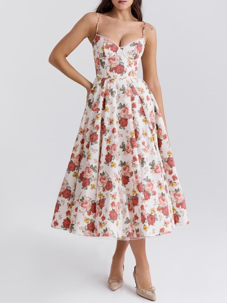 Isabelle | Women’s Rose Print Dress | Sweetheart Neckline