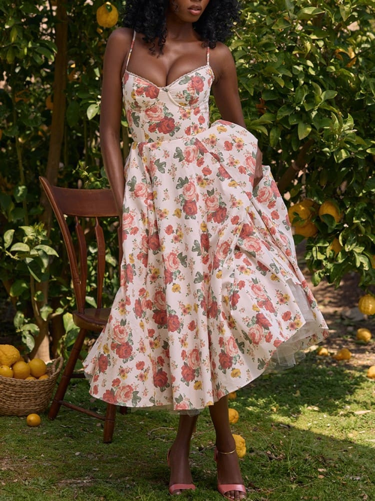 Isabelle | Women’s Rose Print Dress | Sweetheart Neckline