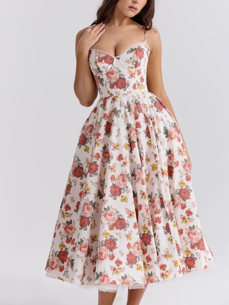 Isabelle | Women’s Rose Print Dress | Sweetheart Neckline