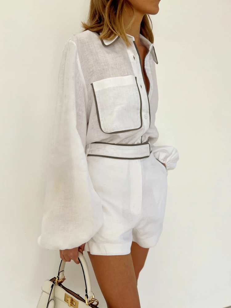 Isla | Women’s Two-Piece Set | Contrast Trim Linen Shorts