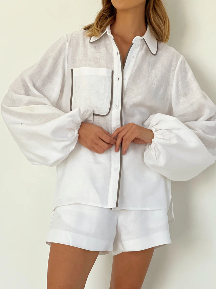 Isla | Women’s Two-Piece Set | Contrast Trim Linen Shorts