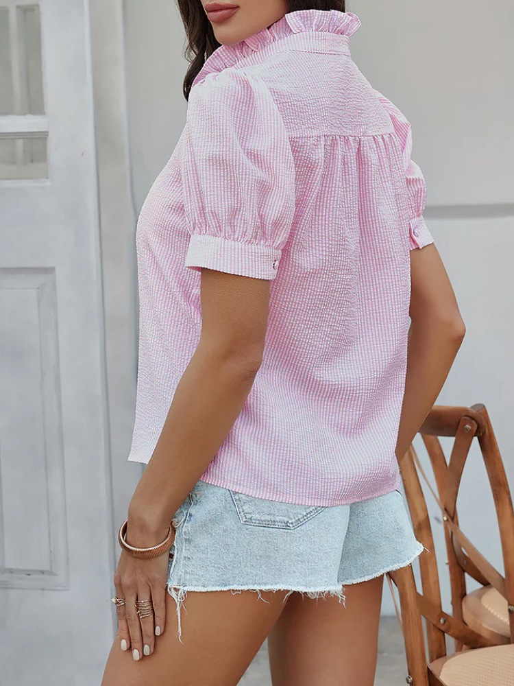 Julienne | Women’s Blouse | Striped Mock Neck Ruffle Puff Sleeve
