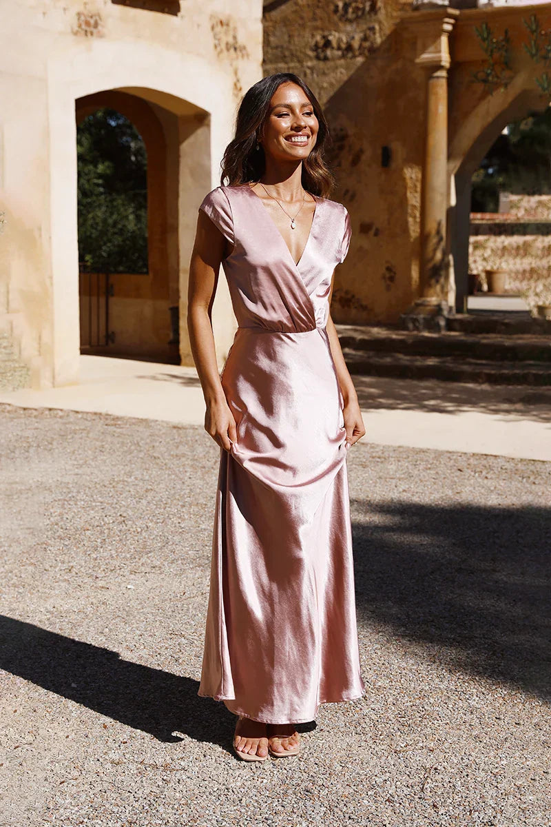 Flutter Sleeve Satin Maxi Dress | Blush Pink | Elegant & Romantic