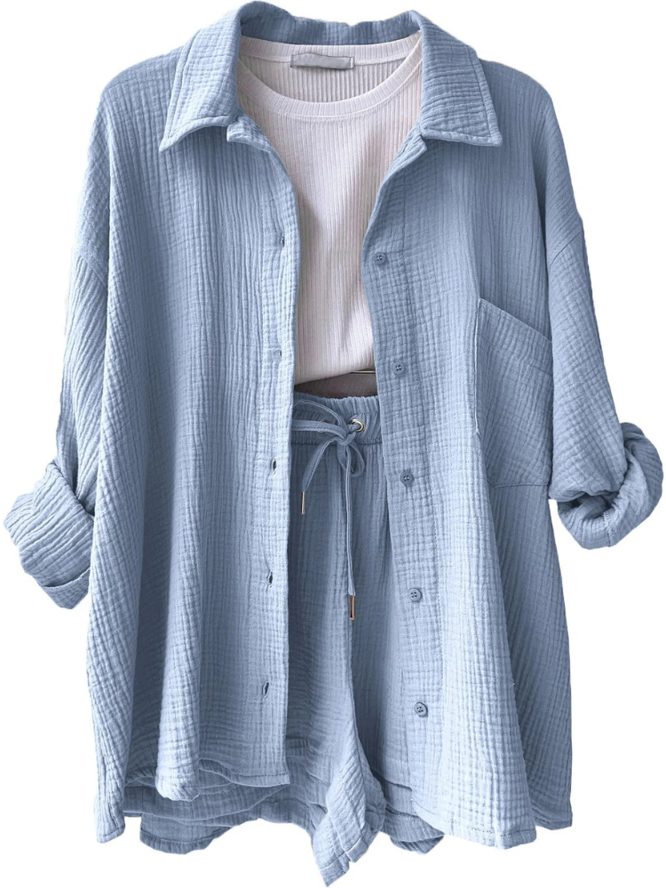 Laila | Women’s Loungewear Set | Cotton Collar Top & Shorts
