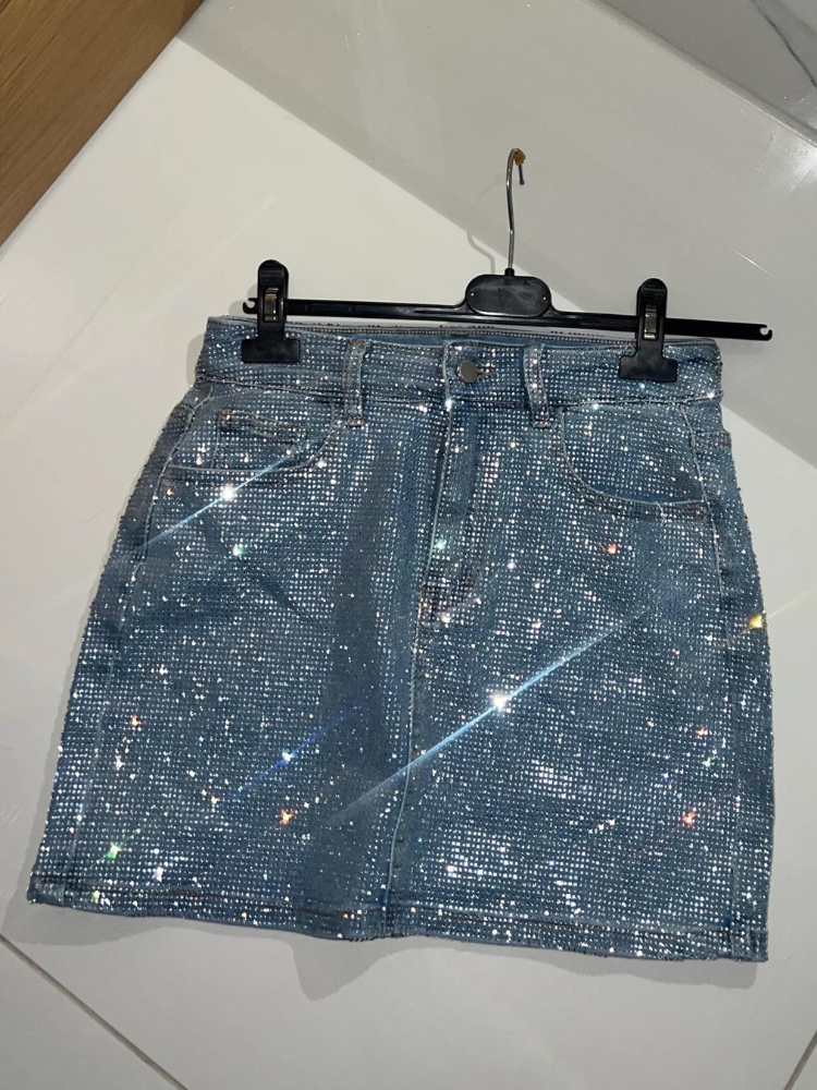 Lina | Women’s Stretch Denim Skirt | Diamanté Detail