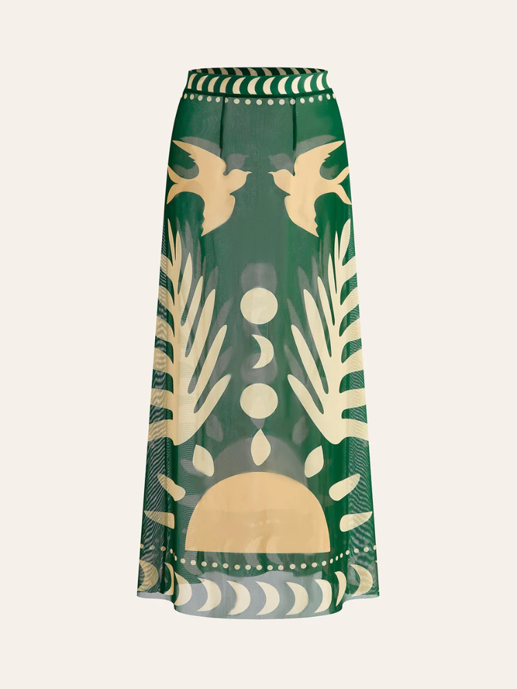 Liora | Women’s Maxi Skirt | Bird Print Mesh Cover Up