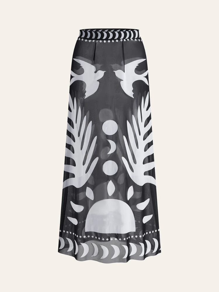 Liora | Women’s Maxi Skirt | Bird Print Mesh Cover Up