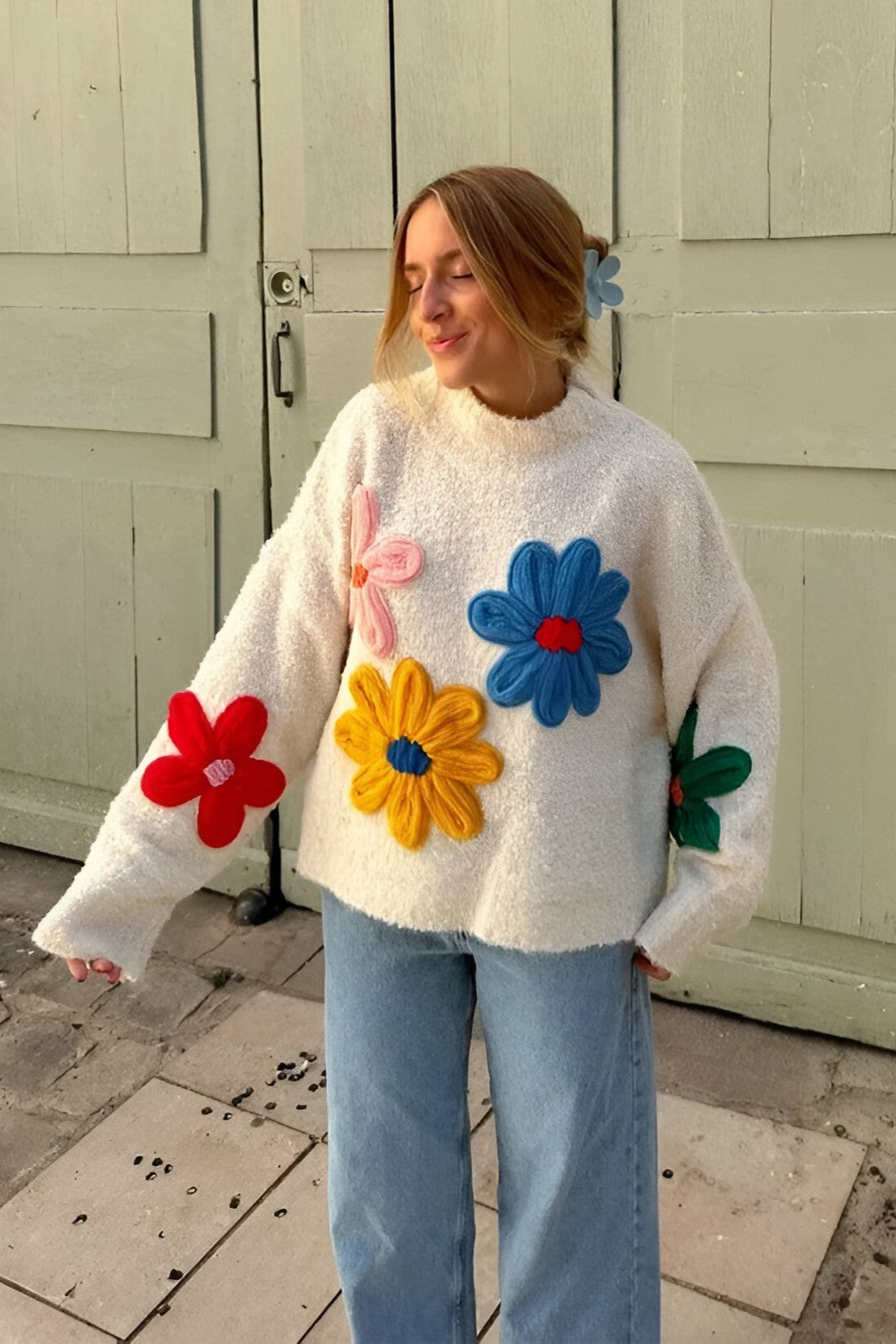 Oversized Floral Knit Sweater | Colorful & Cozy | Playful Statement Piece
