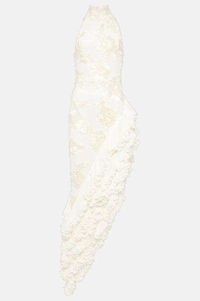 Lace High-Neck Dress | Elegant & Asymmetrical | Floral Embroidered