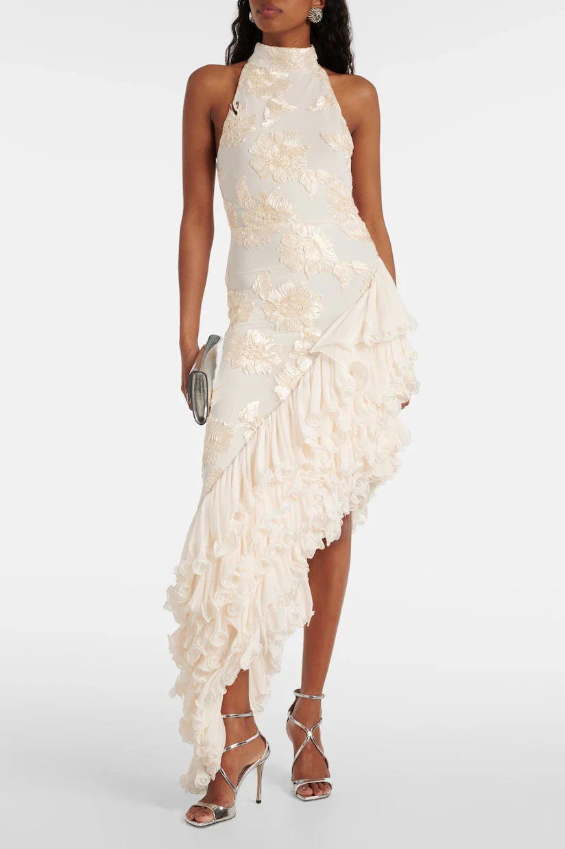 Women’s Lace Ruffle Dress | Elegant & Feminine | High-Neck & Asymmetrical Hem