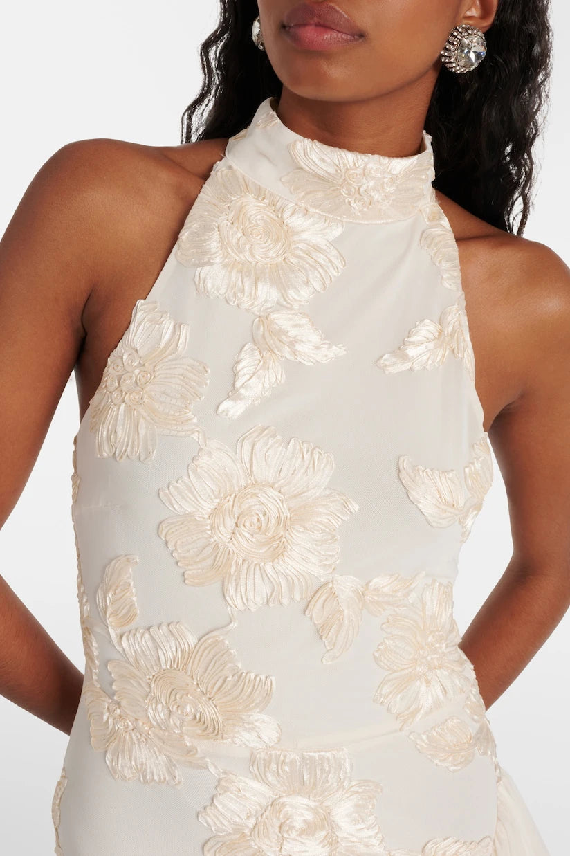 Lace High-Neck Dress | Elegant & Asymmetrical | Floral Embroidered