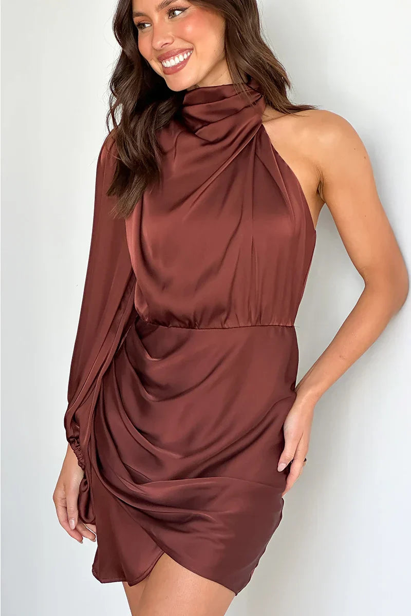 One-Sleeve Satin Mini Dress | Chocolate Brown | Elegant & Modern