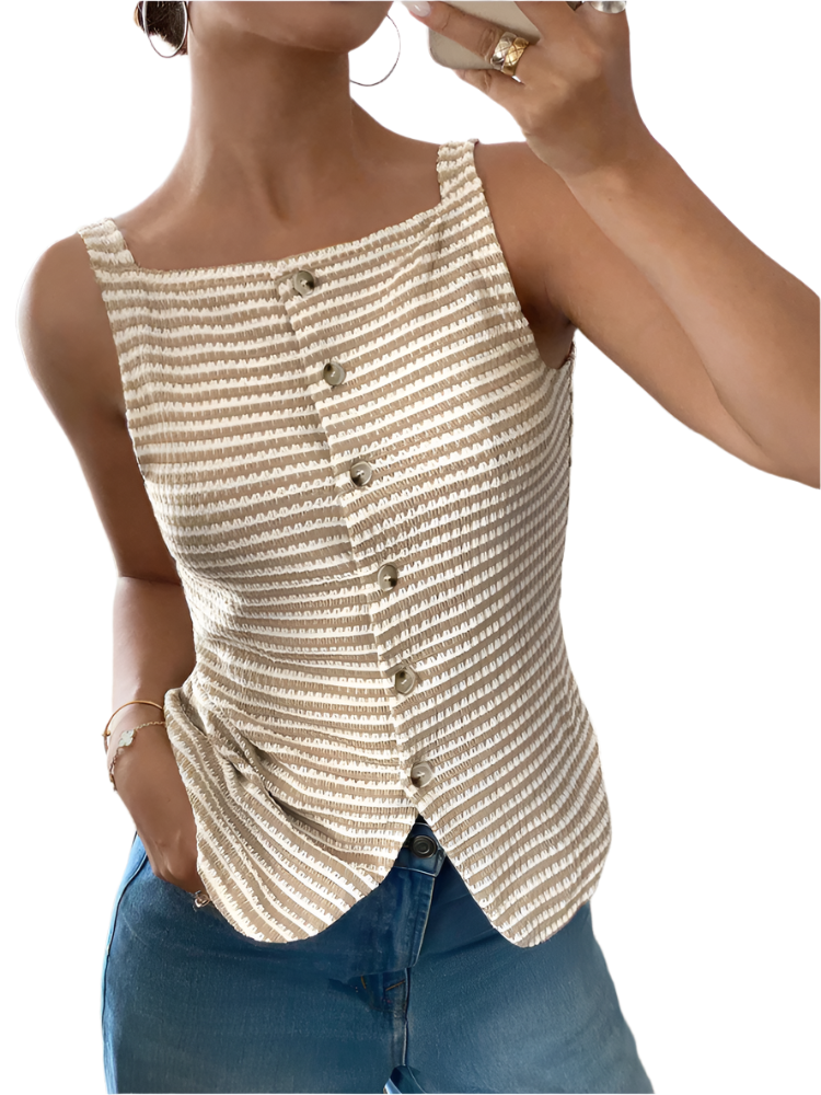 Rhea | Women’s Knit Top | Sleeveless Striped Button Down Casual