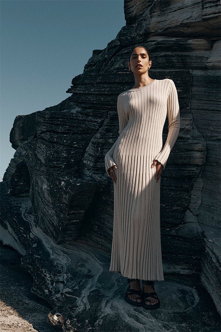 Ribbed Knit Maxi Dress | Elegant | Pleated Long Sleeve