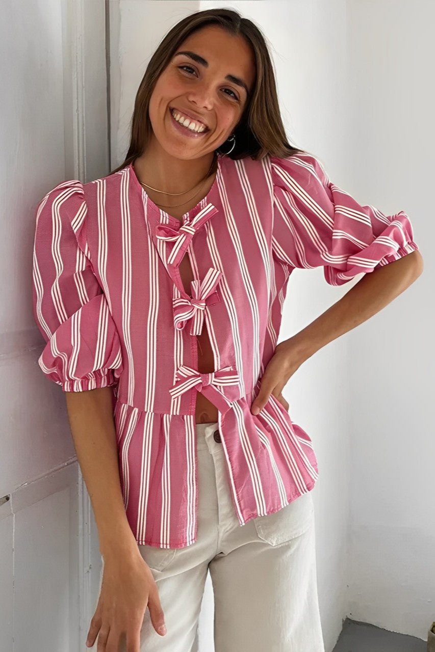 Striped Peplum Blouse | Lace-Up Front | Playful & Feminine