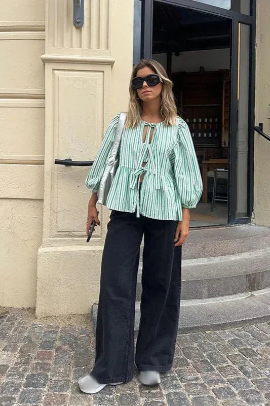 Striped Peplum Blouse | Tie-Front & Balloon Sleeves | Effortlessly Chic
