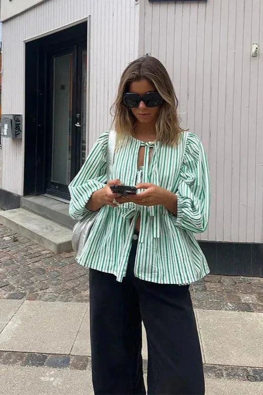 Striped Peplum Blouse | Tie-Front & Balloon Sleeves | Effortlessly Chic