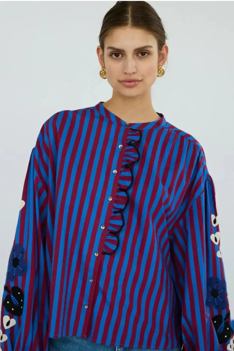 Striped Oversized Blouse | Embroidered Sleeves | Relaxed Fit