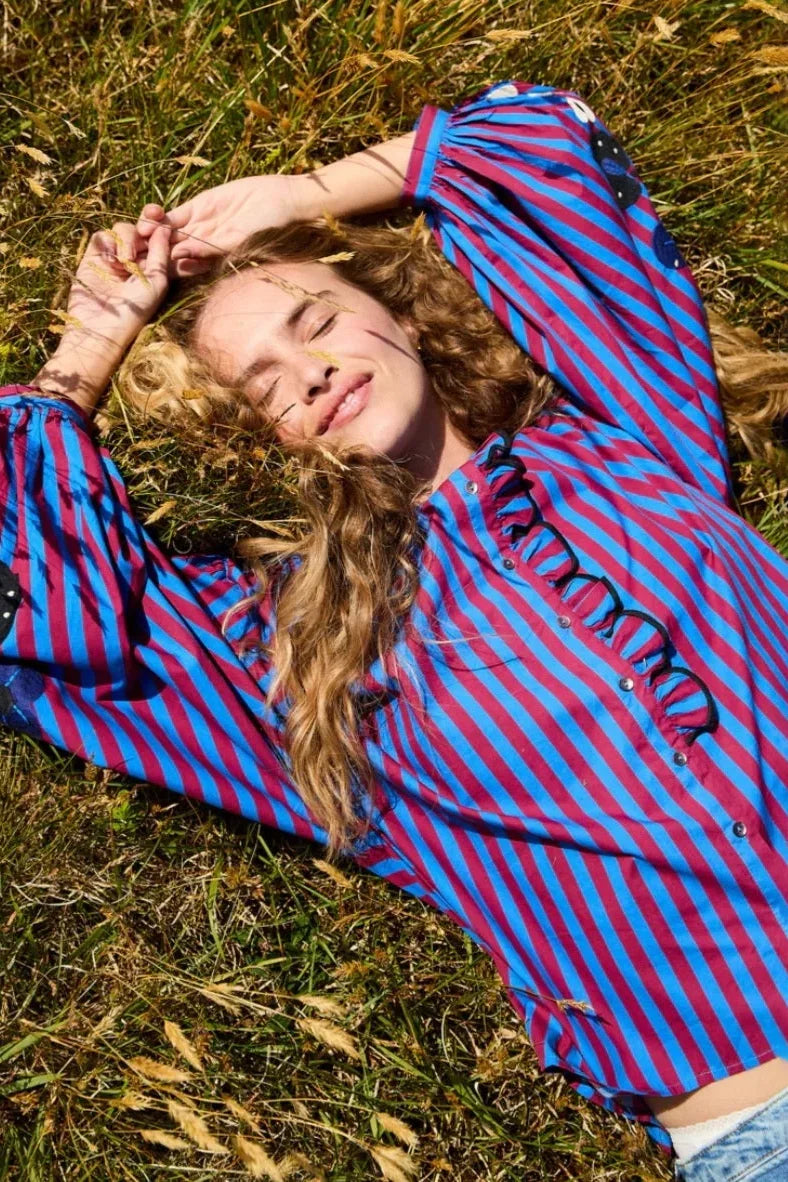Striped Oversized Blouse | Embroidered Sleeves | Relaxed Fit