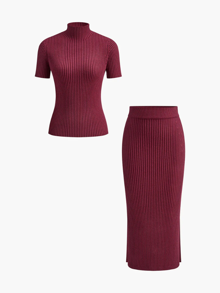 Selise | Women’s Skirt Set | Ribbed High Neck Split Knit