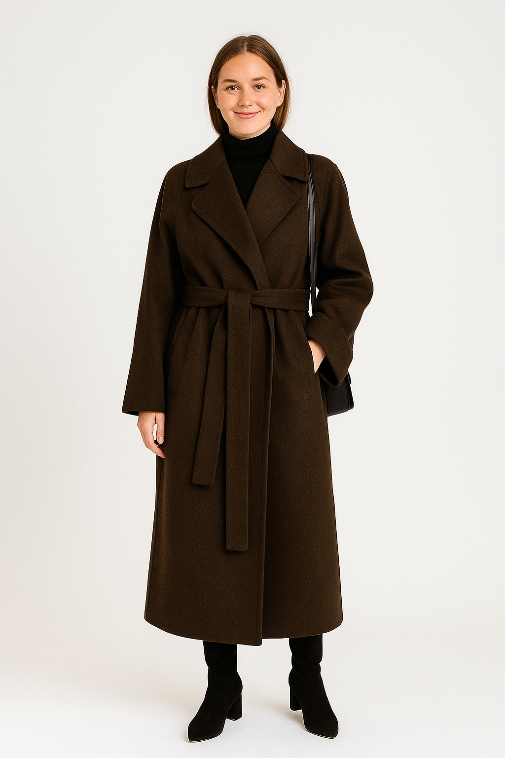 Virellia – Dámský dlouhý kabát z vlněné směsi s páskem v pase