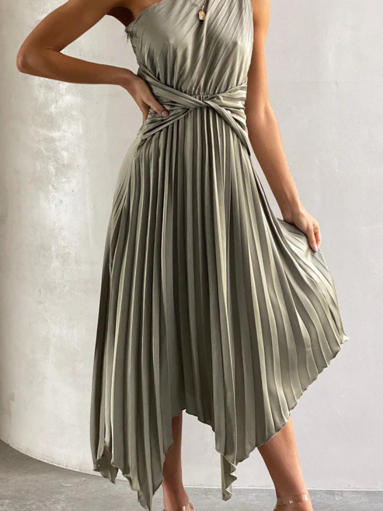 Cali | Women’s Midi Dress | One Shoulder Pleated Asymmetrical Fit