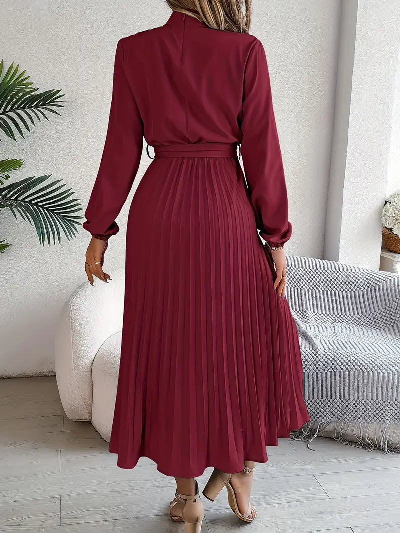 Women’s Pleated Midi Dress – Adjustable Belted Waist