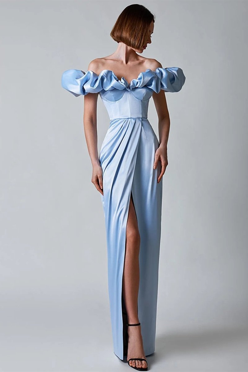 Blue Off-Shoulder Gown | Elegant | Ruffled Sleeves & High Slit