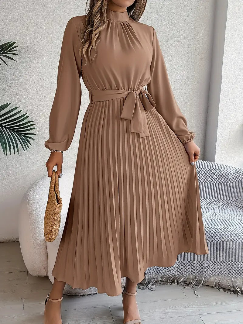 Women’s Pleated Midi Dress – Adjustable Belted Waist