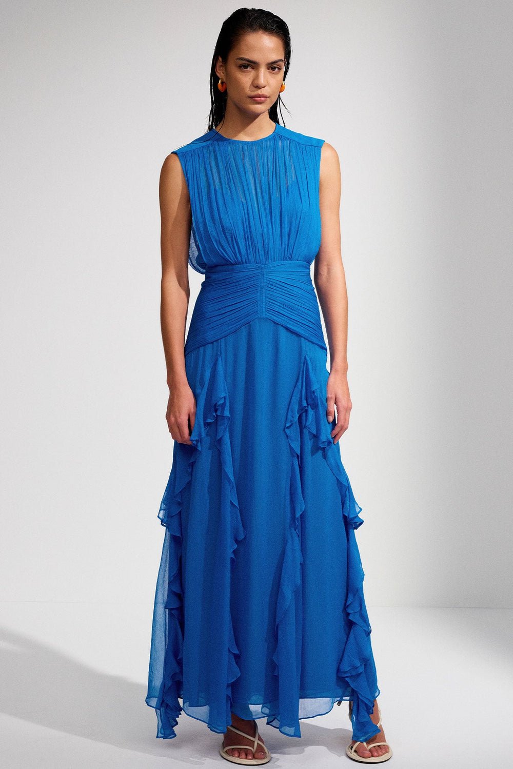 Blue Sleeveless Maxi Dress | Flowy | Tiered Ruffle Detail