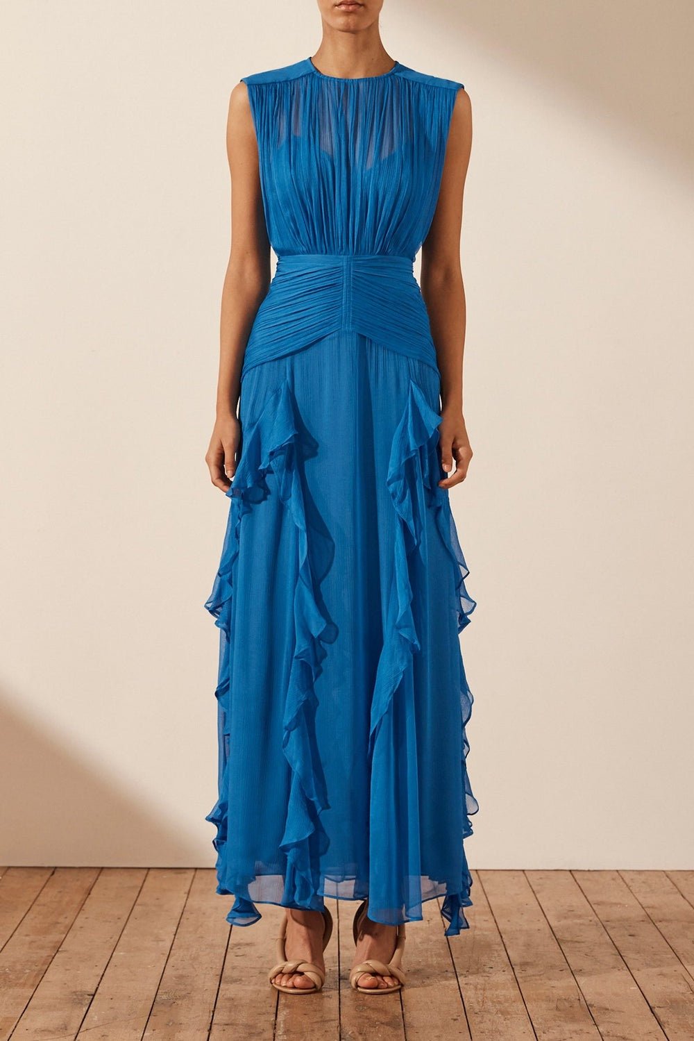 Blue Sleeveless Maxi Dress | Flowy | Tiered Ruffle Detail