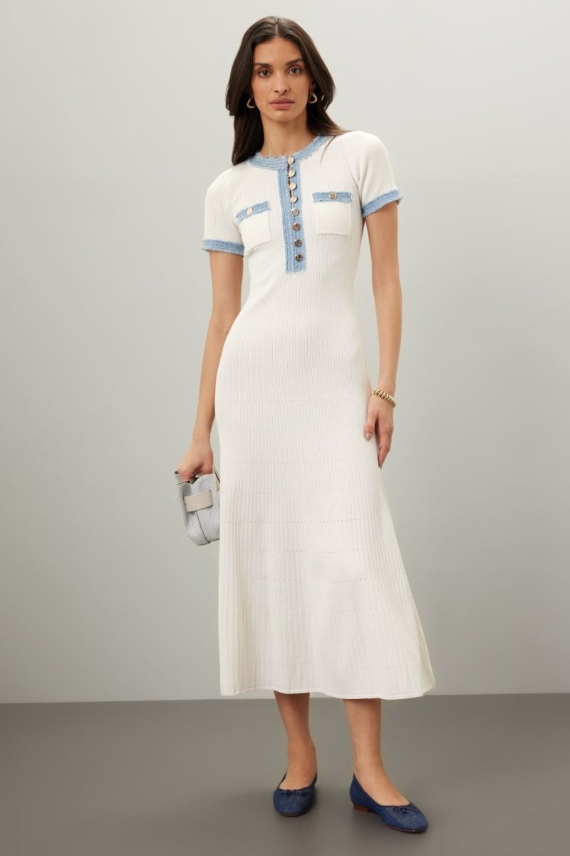 White Midi Dress | Elegant | Contrast Trim & Button Detail