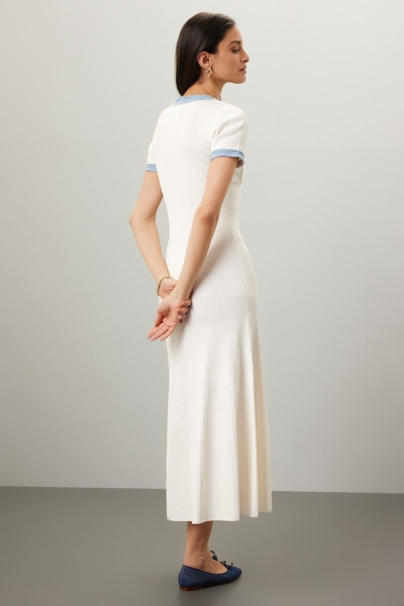 White Midi Dress | Elegant | Contrast Trim & Button Detail