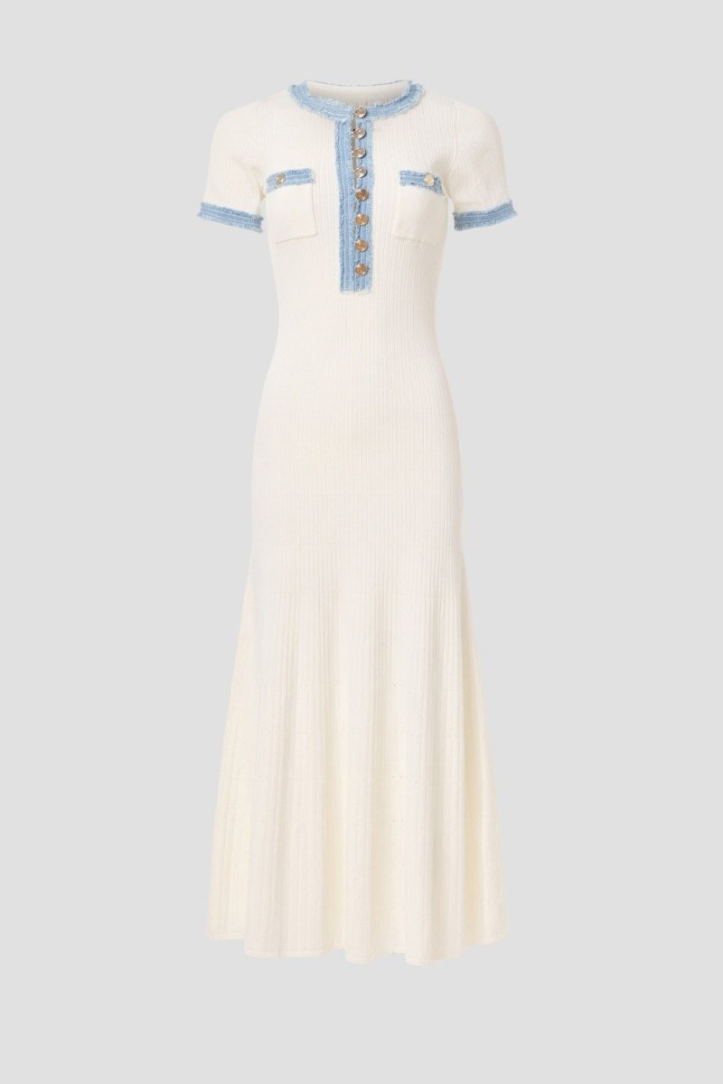 White Midi Dress | Elegant | Contrast Trim & Button Detail