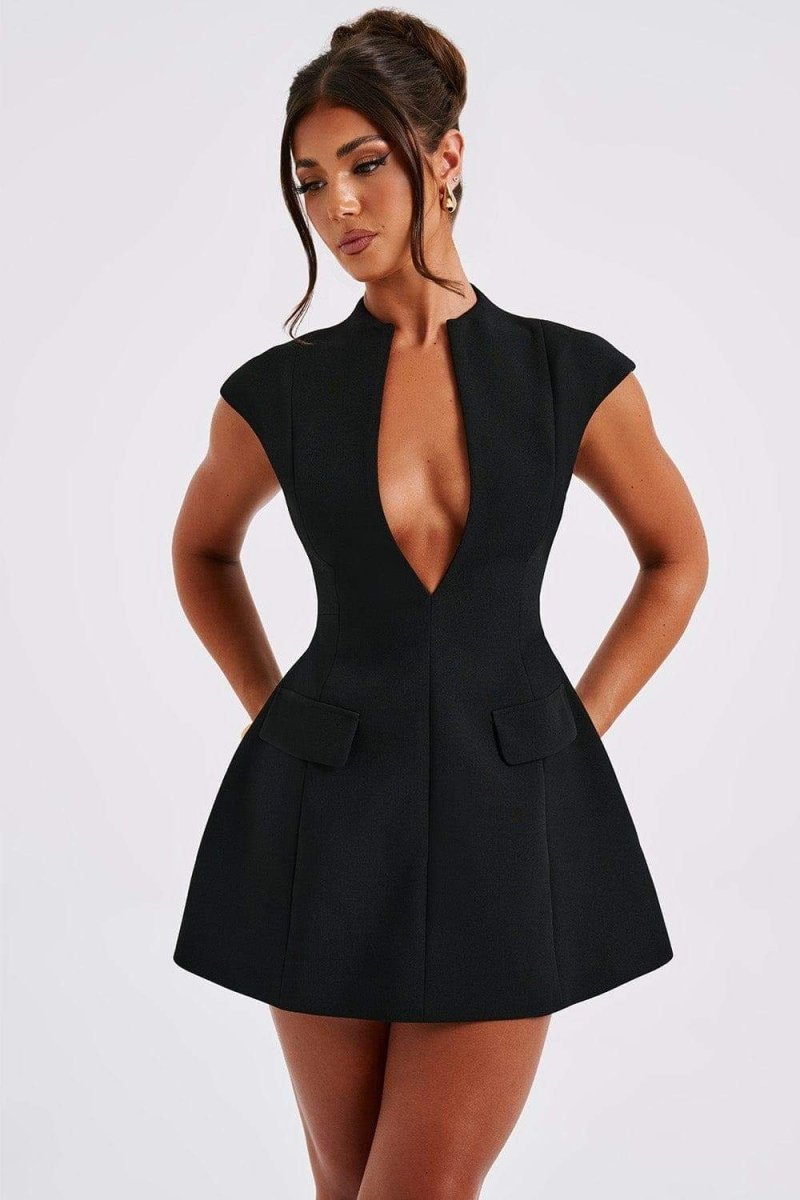 Black Mini Dress | Plunging Neckline | Elegant & Chic