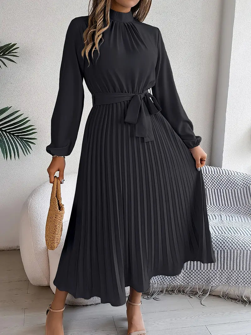 Women’s Pleated Midi Dress – Adjustable Belted Waist
