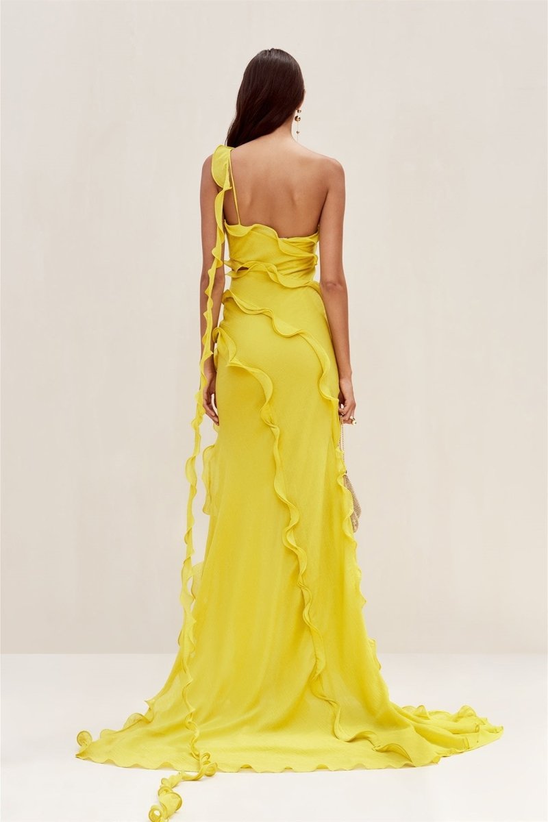 Yellow One-Shoulder Gown | Dramatic | High-Slit & Ruffle Detail