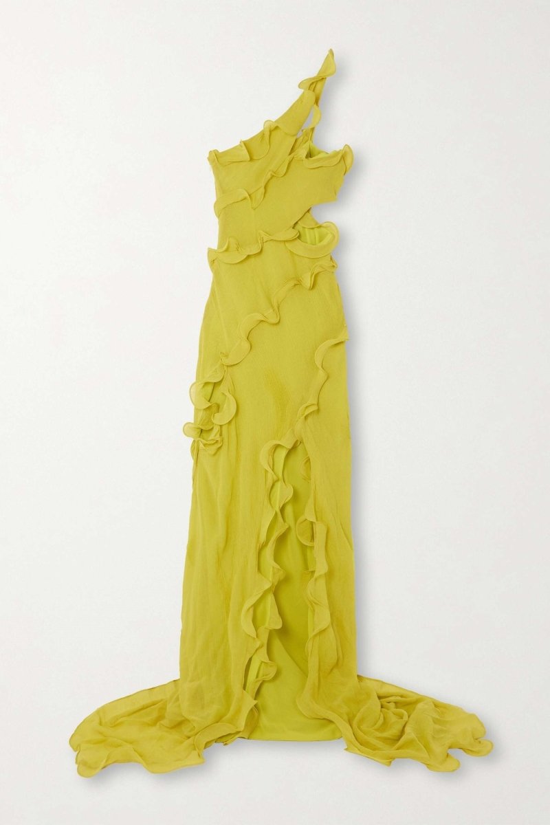 Yellow One-Shoulder Gown | Dramatic | High-Slit & Ruffle Detail