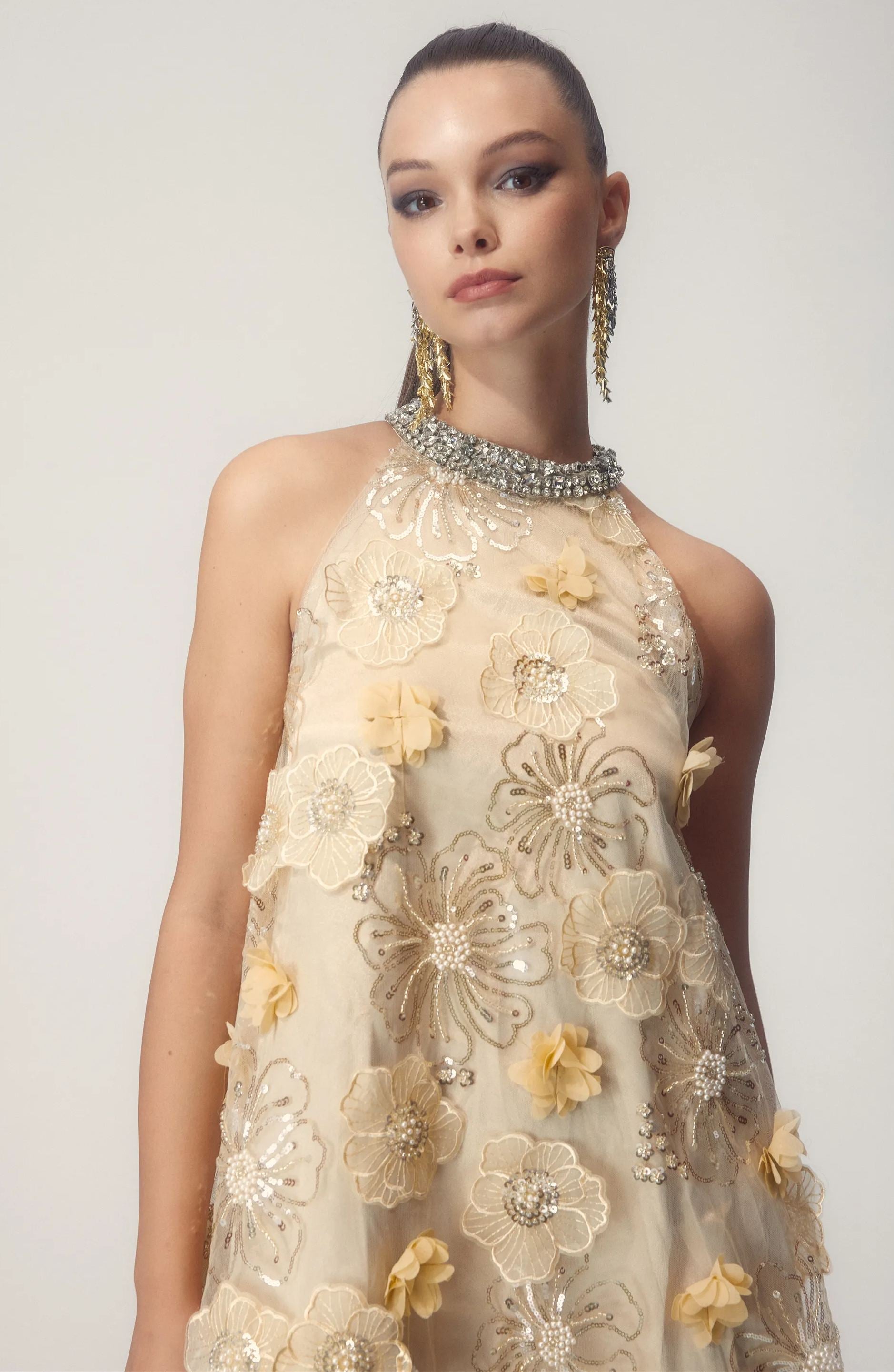 Floral Embellished Halter Mini Dress | Vintage Glamour | 3D Appliqués