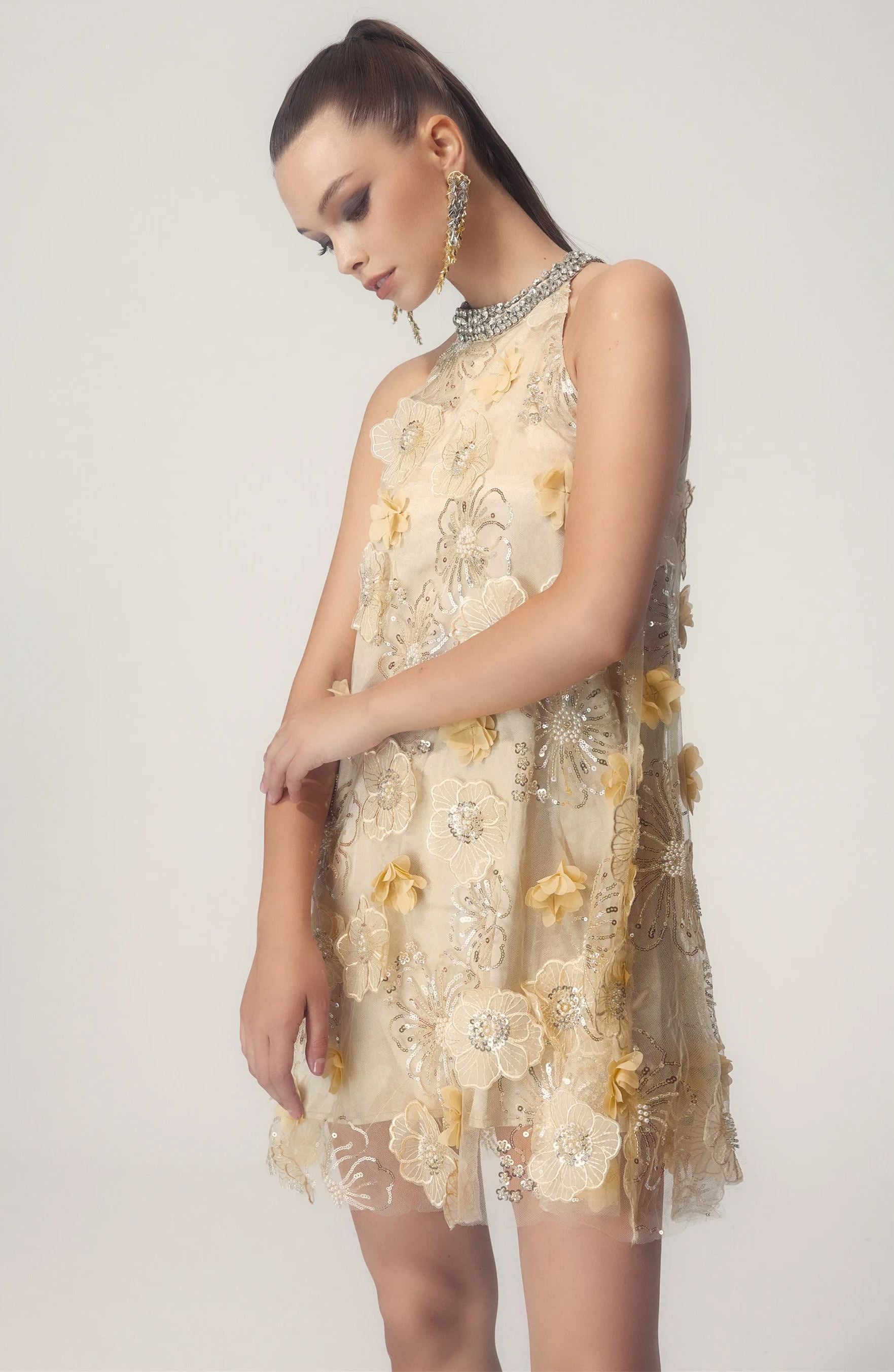 Floral Embellished Halter Mini Dress | Vintage Glamour | 3D Appliqués