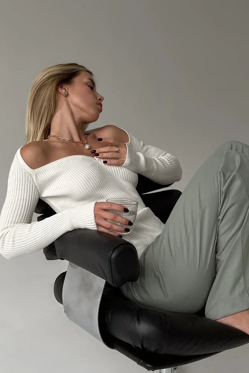 Off-Shoulder Knit Top | Wrap Design | Elegant & Stretchy
