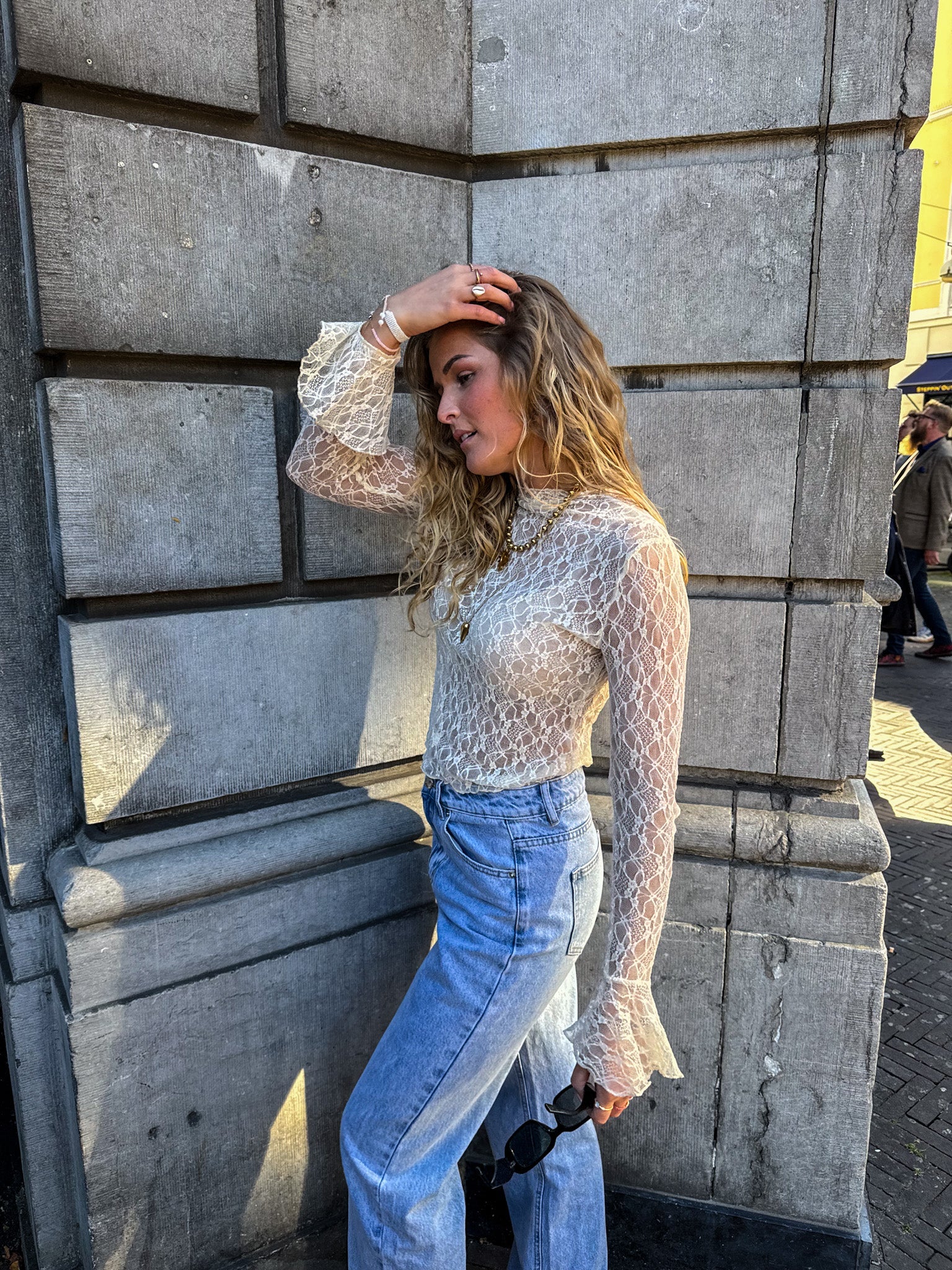 Women’s Long-Sleeved Blouse - Patterned Top in Cream