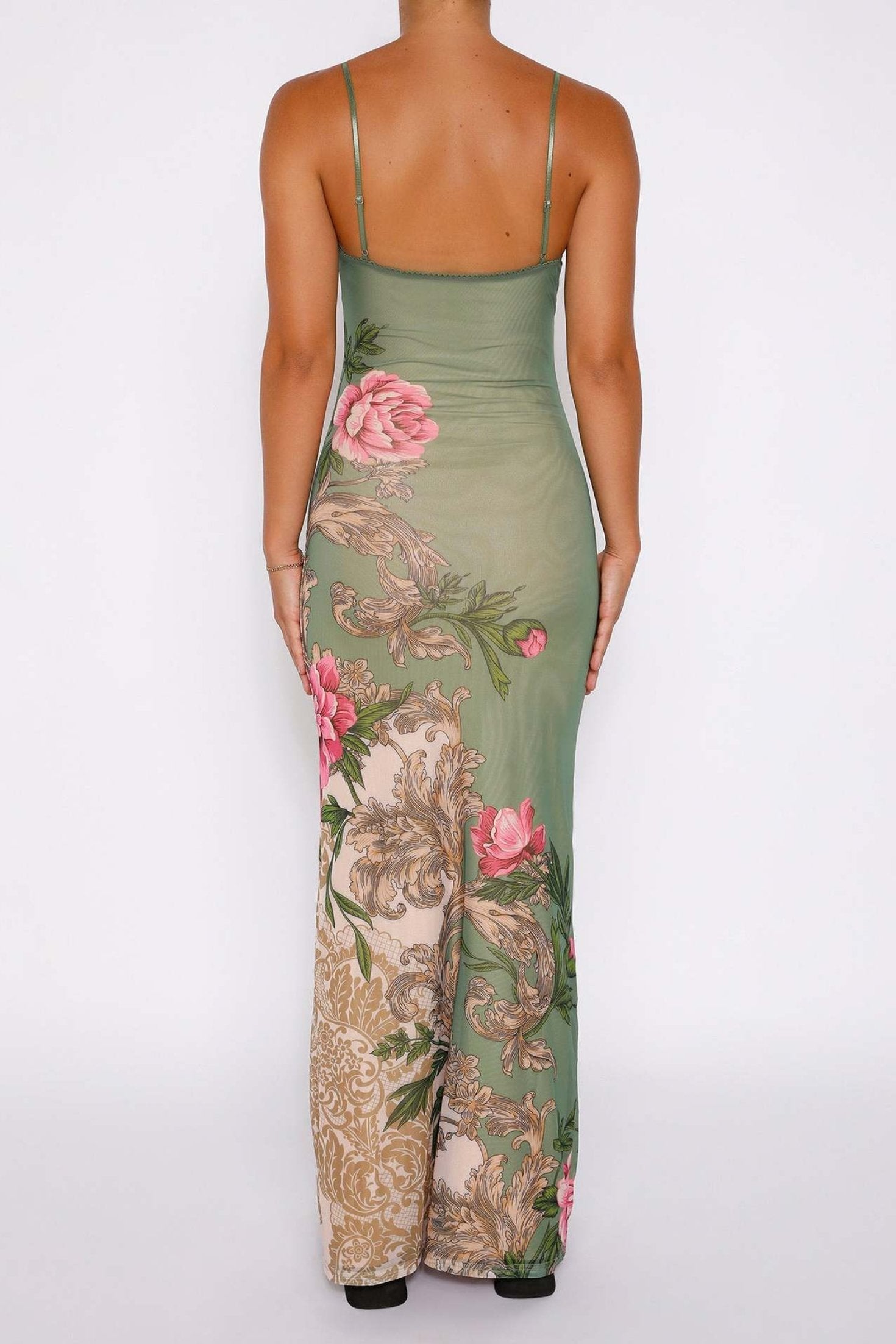 Floral Satin Slip Dress | Green & Pink | Elegant & Figure-Hugging