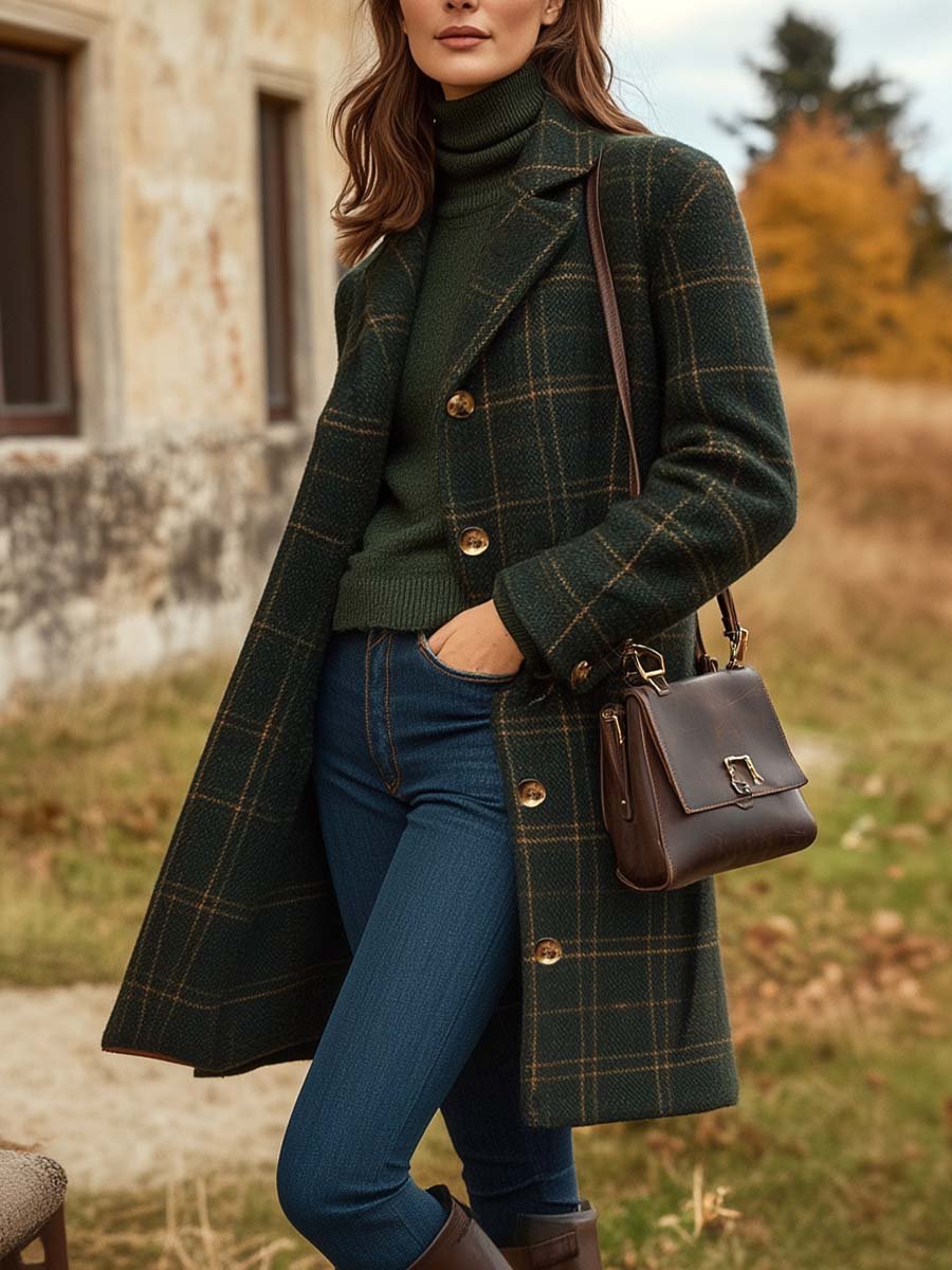 Paylore – Women’s Long Wool Check Coat with Tailored Fit