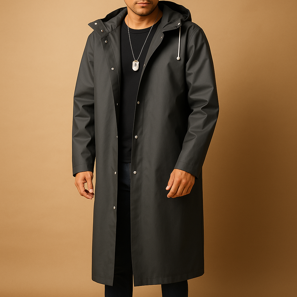 Men’s Longline Raincoat – Hooded Outdoor Coat with Pockets