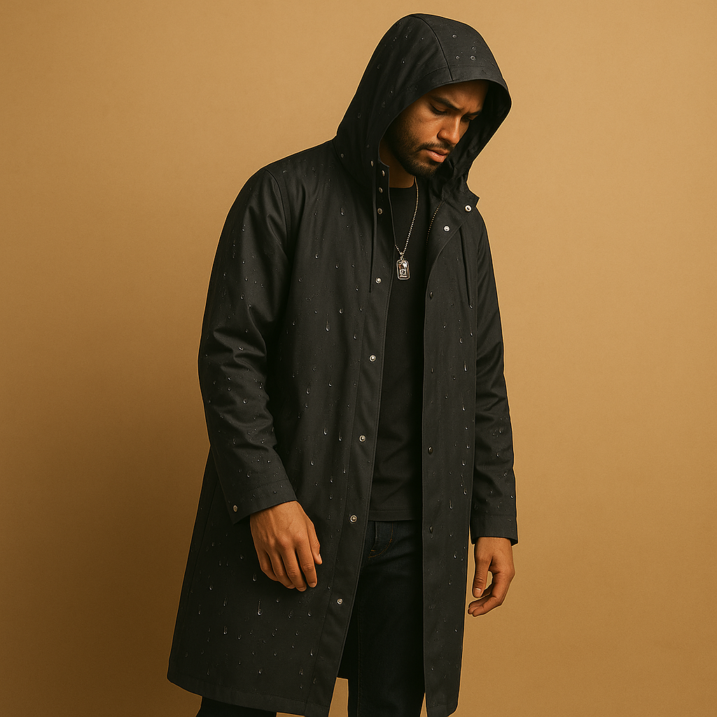 Men’s Longline Raincoat – Hooded Outdoor Coat with Pockets