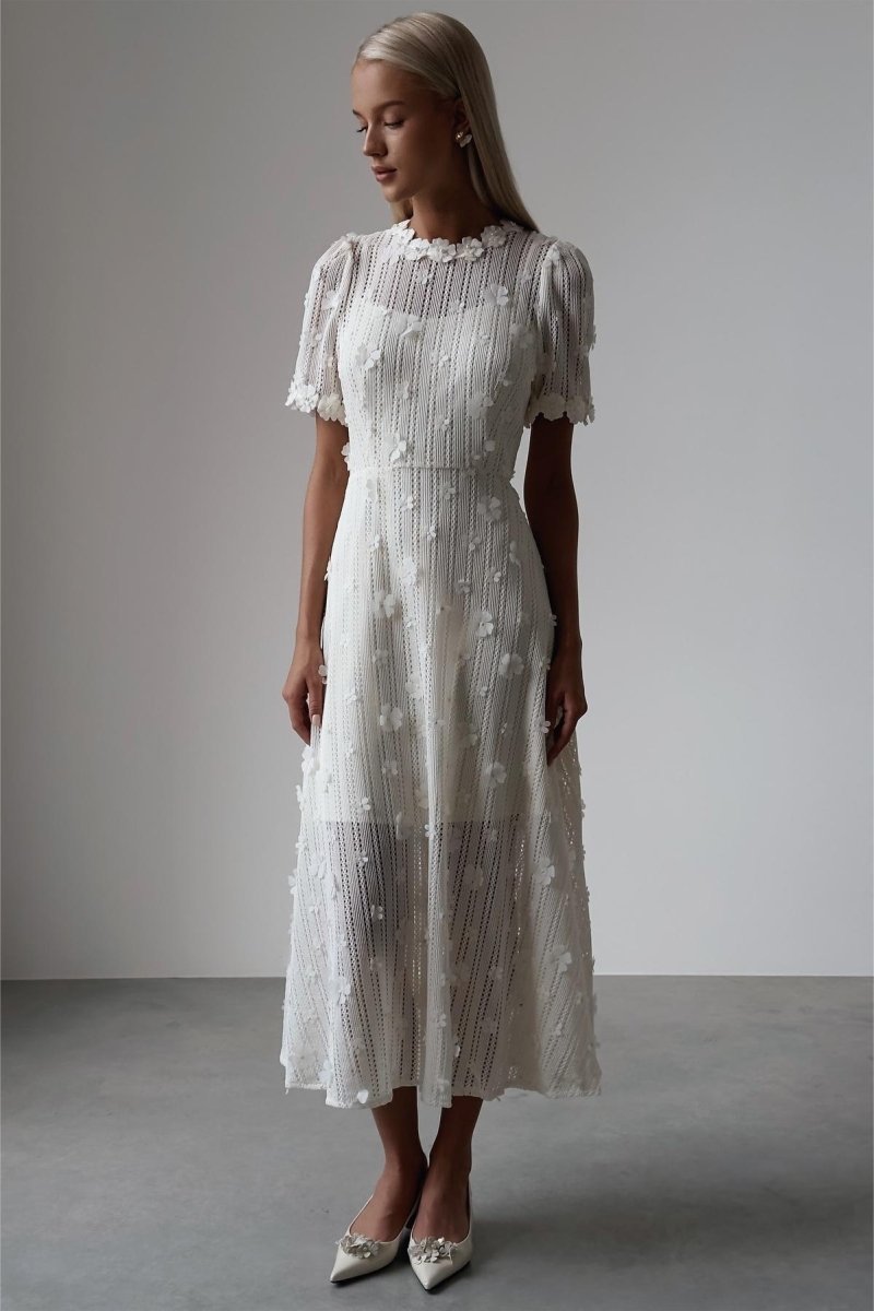 White Lace Midi Dress | Elegant | Puff Sleeve Detail