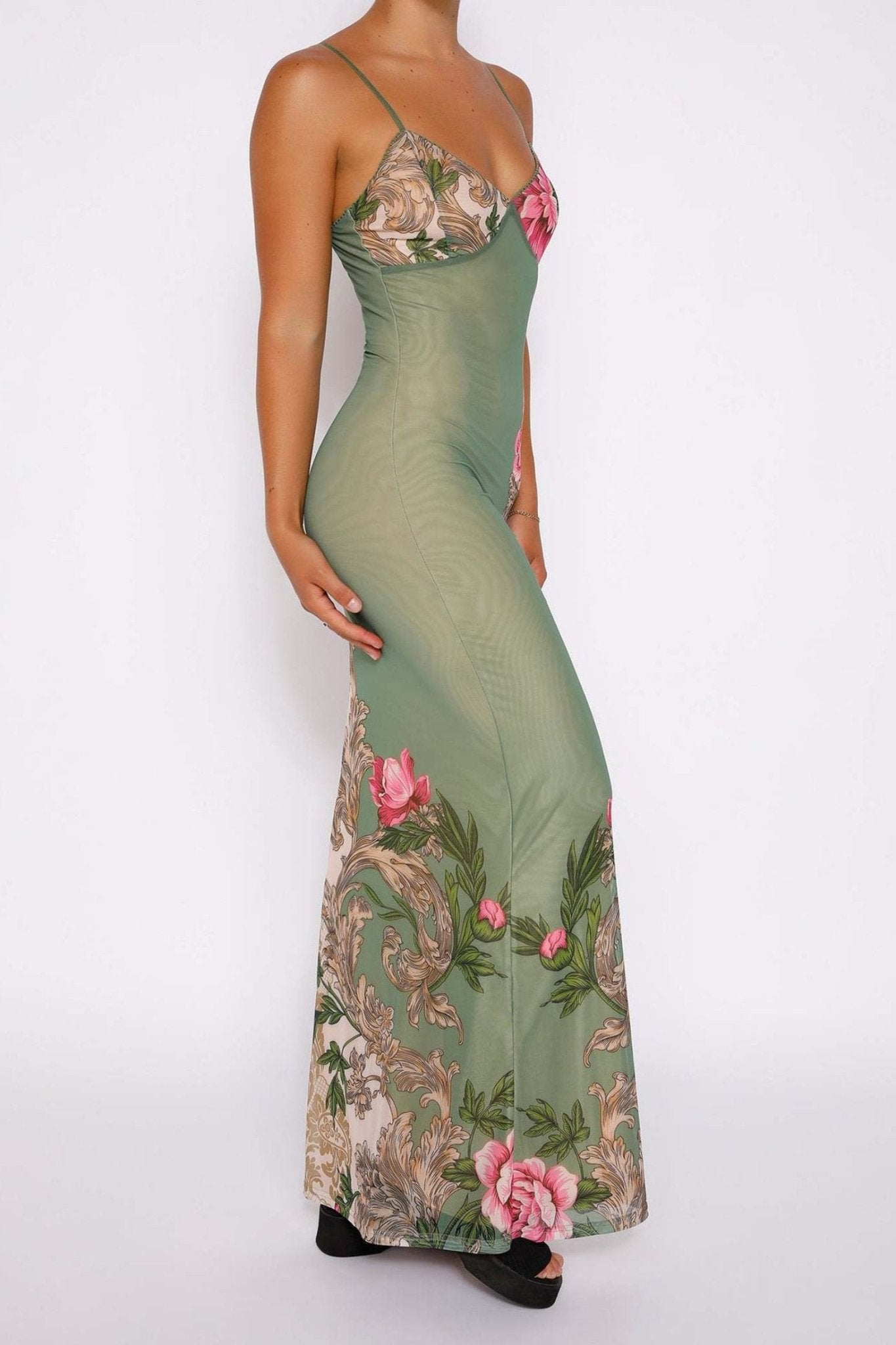 Floral Satin Slip Dress | Green & Pink | Elegant & Figure-Hugging