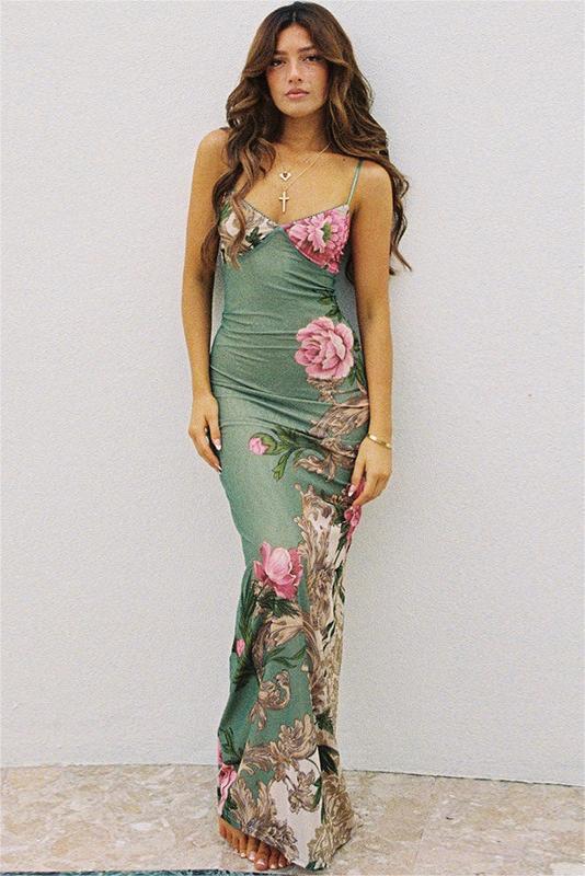 Floral Satin Slip Dress | Green & Pink | Elegant & Figure-Hugging