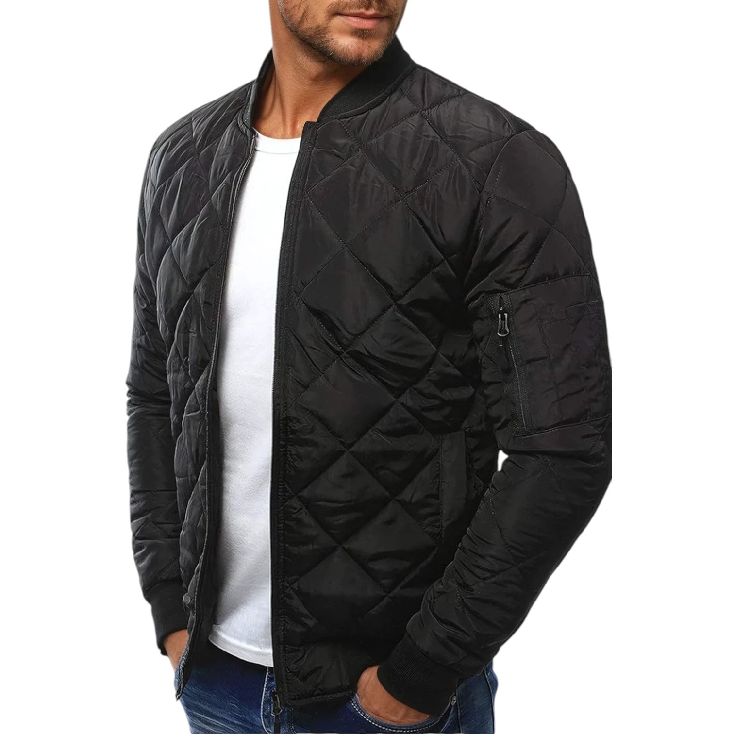 Men's Quilted Bomber Jacket – Baseball Collar with Zip
